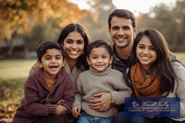 Orange, CA family taking holiday photos with bright smiles after professional teeth whitening.