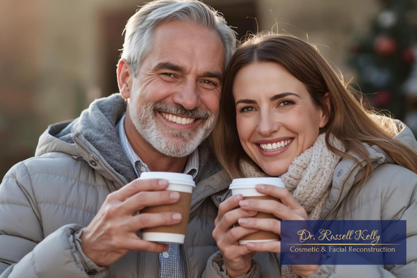 Adults in Orange, CA smiling outdoors in winter, showing healthy teeth despite cold weather