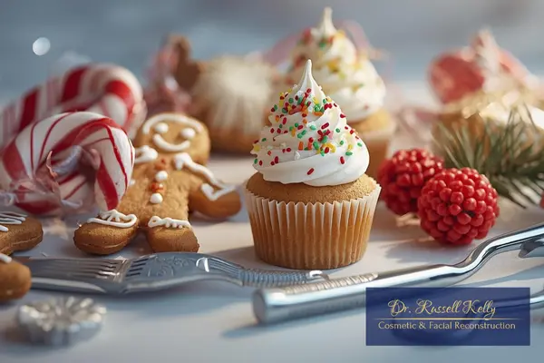 Holiday treats and dental tools illustrating how seasonal sweets affect teeth at Dr. Russell Kelly’s office in Orange, CA
