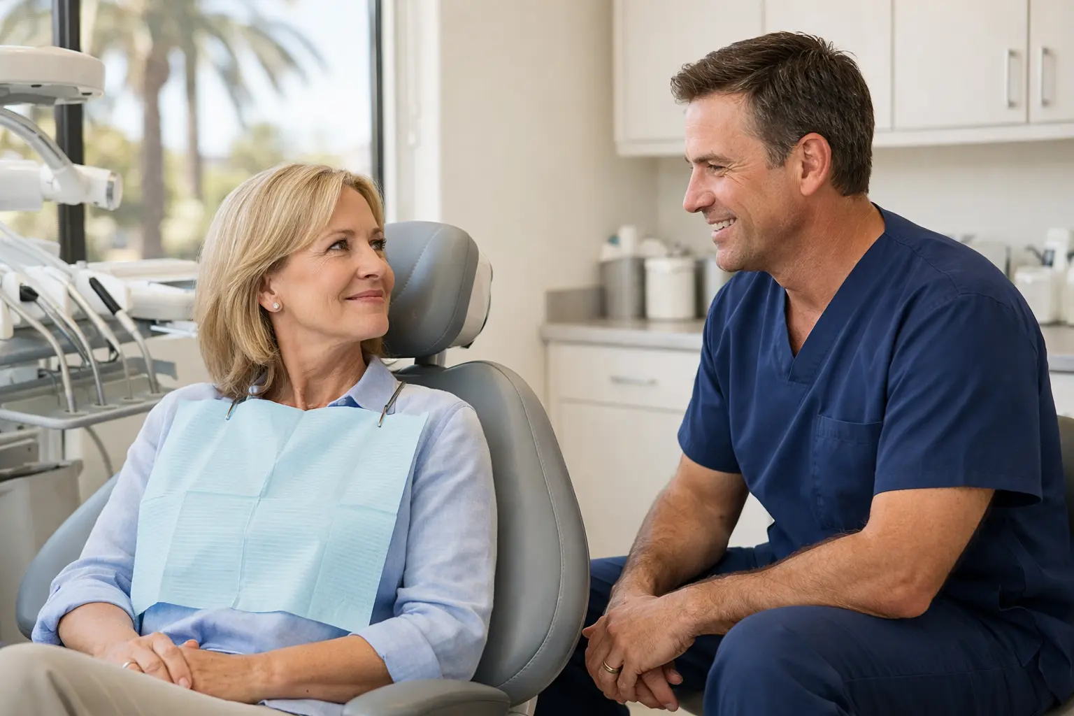 dentist talking with patient in city of orange, ca