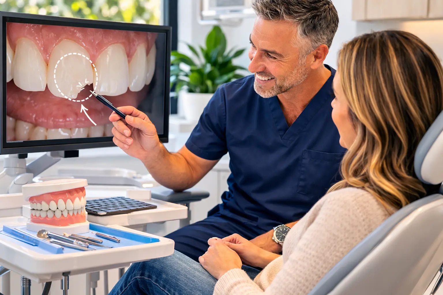 Dentist in Orange CA explaining chipped tooth repair to patient